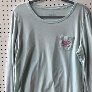 Vineyard Vines aqua Long Sleeve Tee with Pink Whale Logo on front pocket